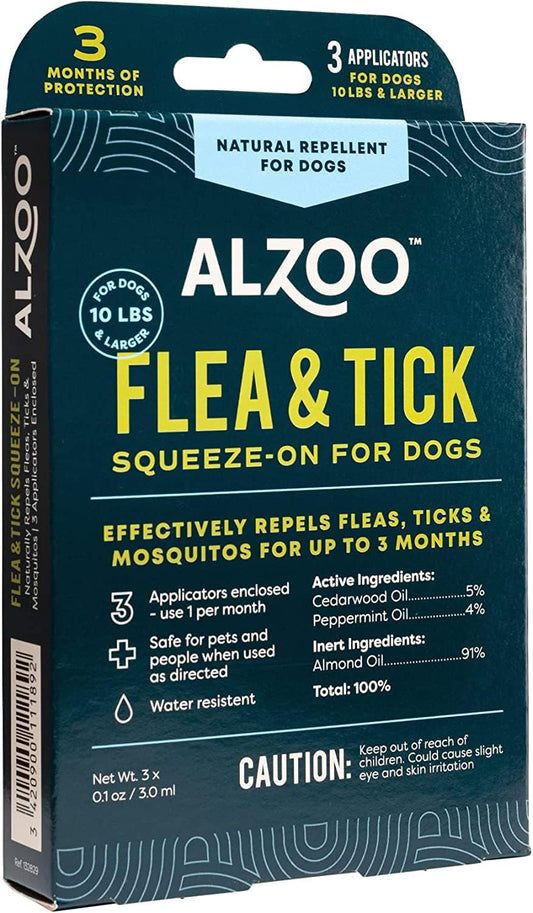 ALZOO, Plant Based Flea & Tick Squeeze-On for Dogs, Helps Repel Fleas, Ticks & Mosquitos, Up to 3-Months Protection, Plant-Based Active Ingredients, Water-Resistant, 3 EZ-On Applicators Per Pack