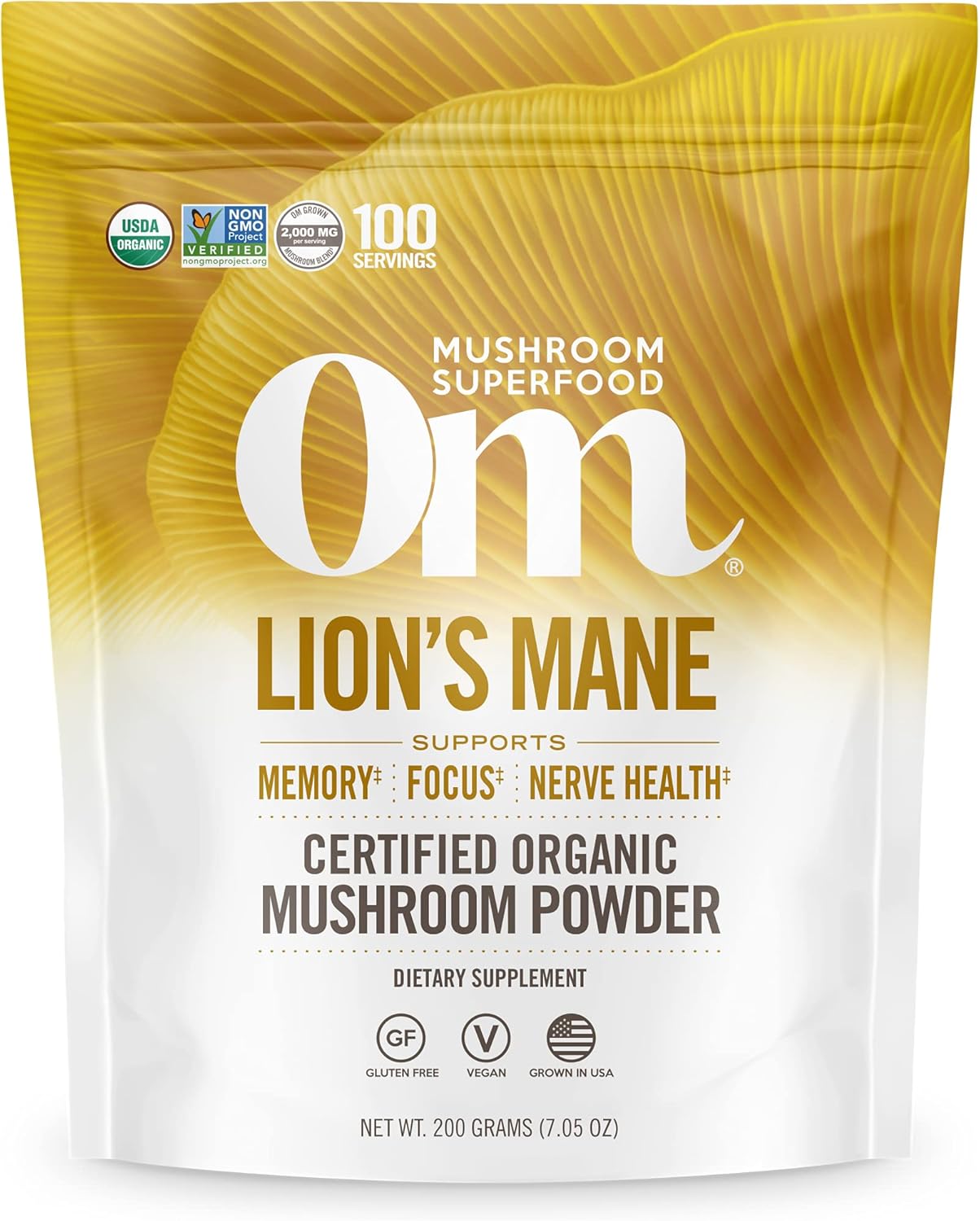 OM, Mushroom Superfood | Lion's Mane | USA Grown Organic Mushrooms | Memory, Focus, Clarity, Nerve Health & Mood Support | 7.05 oz, 100 Servings