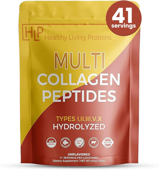 Healthy Living Proteins, Multi Hydrolyzed Collagen Peptides Type I, II, III, V, & X | Grass Fed Bovine, Wild Caught Marine, Free Range Chicken | Gluten Free (Unflavored, 1 Pound (Pack of 1))