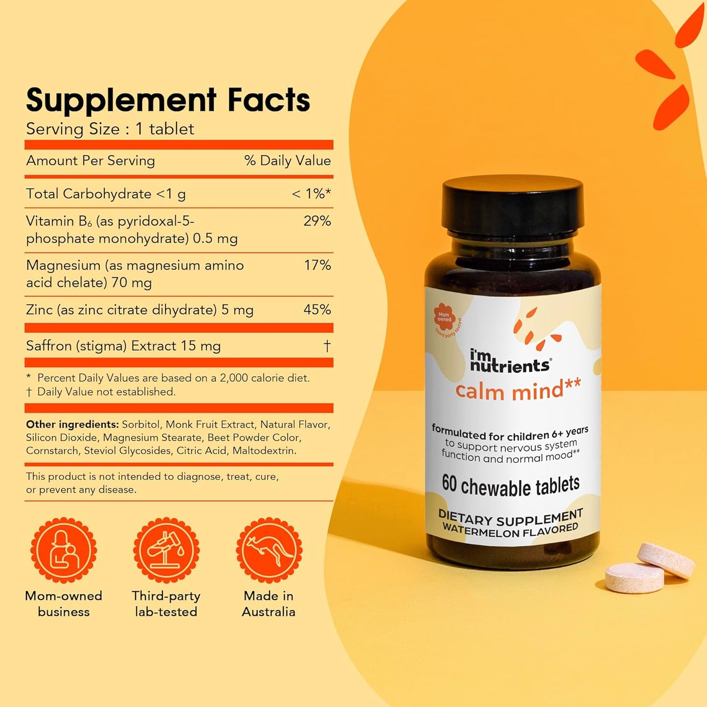 I’m Nutrients, Calm Mind | Saffron Supplements for Kids | Nervous System Support | Kids Magnesium | Vitamin B6 | Zinc | Naturally Flavored | No Artificial Ingredients | 60 Chewable Tablets