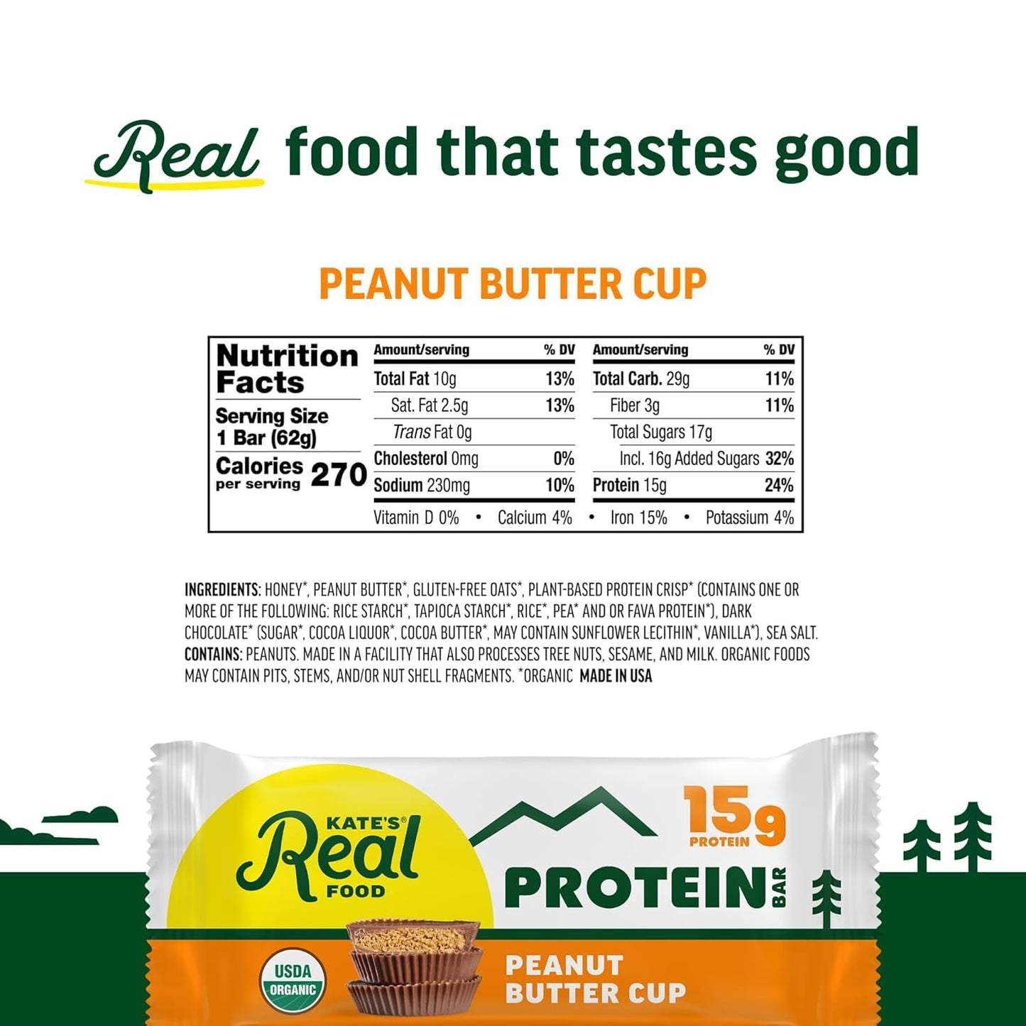 Kate’s, Real Food Organic Protein Bars – (Peanut Butter Cup, 2.2 oz, Pack of 12) – Plant Based Protein Bars - Gluten Free, Soy Free, Non GMO, Whole Grains, and All Natural | bike-handlebars