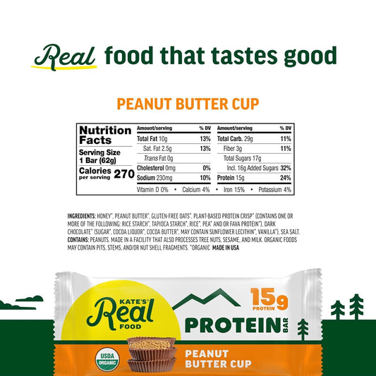 Kate’s, Real Food Organic Protein Bars – (Peanut Butter Cup, 2.2 oz, Pack of 12) – Plant Based Protein Bars - Gluten Free, Soy Free, Non GMO, Whole Grains, and All Natural | bike-handlebars