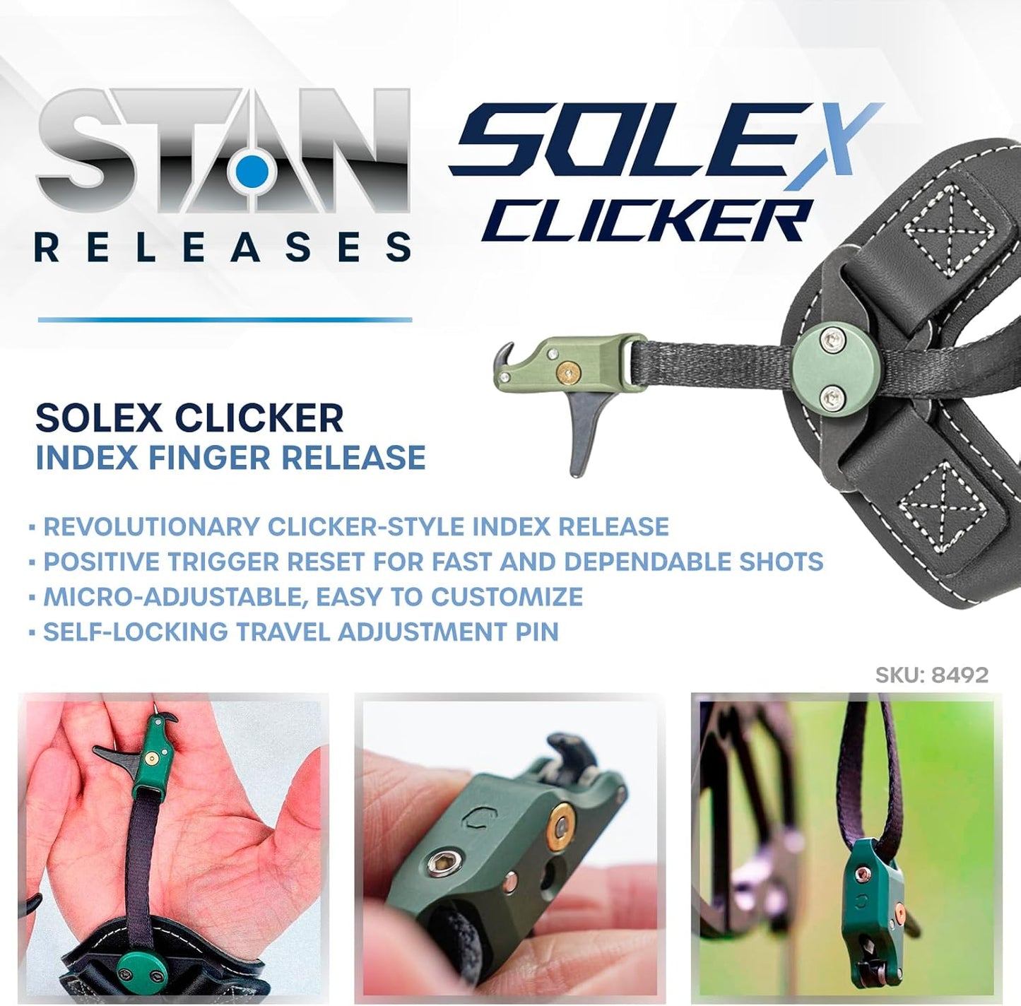 Stan, SoleX Clicker Index Finger Bowhunting Archery Release - Wrist Strap Open Hook Trigger Aid with Click Mechanism, Fast Reset, Adjustable Length, Travel & Tension