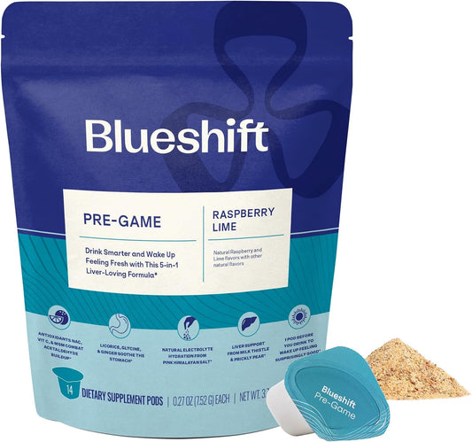 Blueshift, Pre-Game w/NAC | Morning Recovery Drink Powder | Feel Better After Drinking & Support Your Liver | Acetaldehyde Detox, Electrolytes, Milk Thistle, Prickly Pear | Powder Packets (14 Pack)