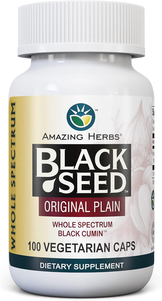 Amazing Herbs, Whole Spectrum Black Seed Original Plain, Vegetarian Capsules - Gluten Free, Non GMO, Cold Pressed Nigella Sativa Aids in Digestive Health - 100 Count, 475mg