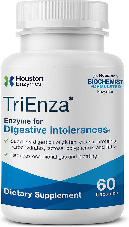 Houston Enzymes, TriEnza,  60 Capsules – Broad-Spectrum Enzymes for Digestive Intolerances – Supports Digestion of Food Proteins, Carbs, & Phenols