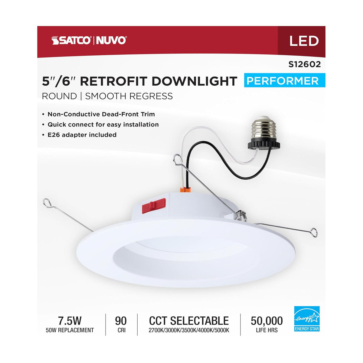 Nuvo, 8 Watt LED Downlight Retrofit; 5-6 Inch; CCT Selectable; Round; White Finish S12602