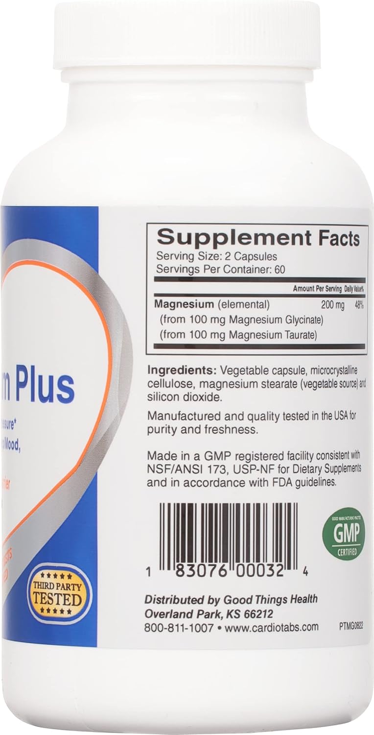 CardioTabs, Magnesium Plus – 200 mg of Magnesium Glycinate and Magnesium Taurate for Blood Pressure, Heart, Brain, Sleep & Mood Support – Highly Concentrated and Well Absorbed - 120 Capsules