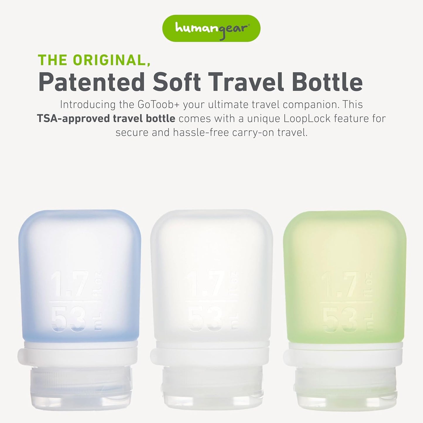 humangear, GoToob+ 3-Pack (Small) | Refillable Silicone Travel Bottle | Locking Lid | Food-Safe Material, Clear/Green/Blue, Small (1.7 fl.oz; 53ml)