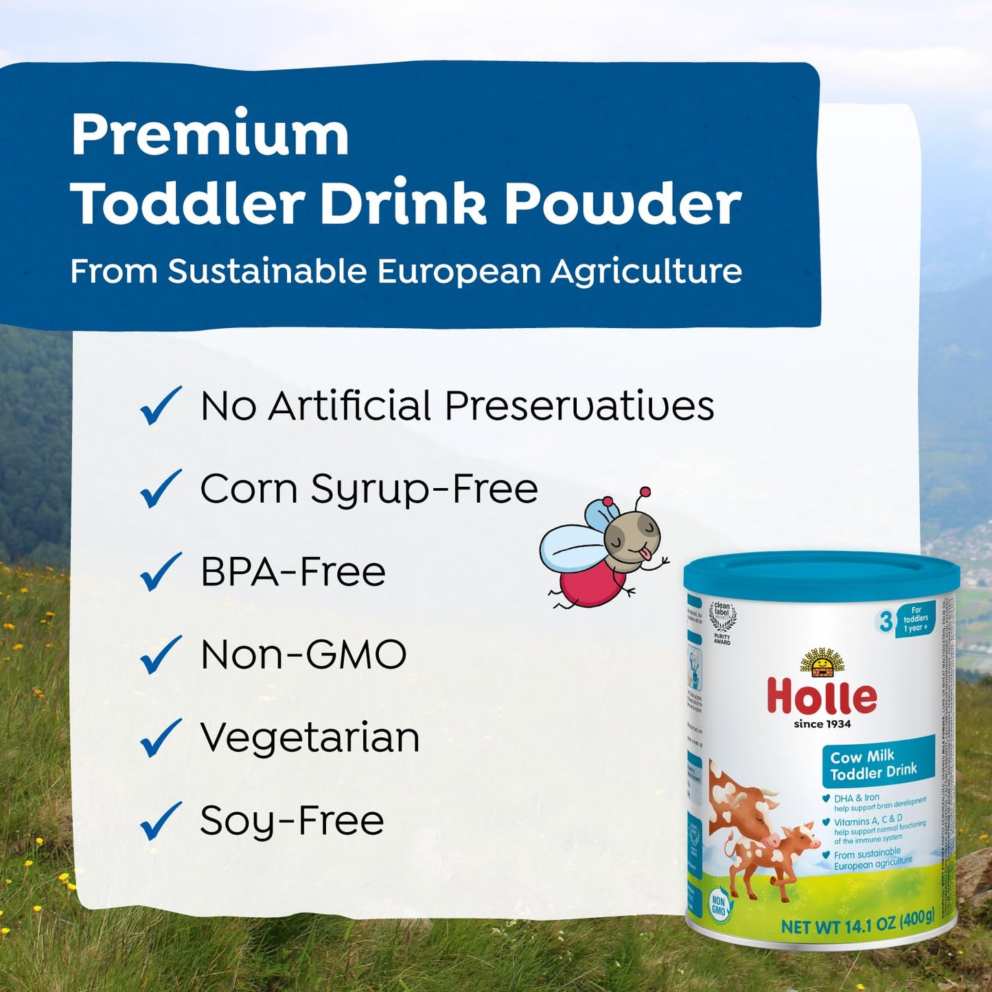 Holle, Organic Toddler Milk Drink – Non-GMO, Clean Label Certified, Gentle European Formula with Omega-3 & Vitamins for Kids 12-36 Months, 14 oz