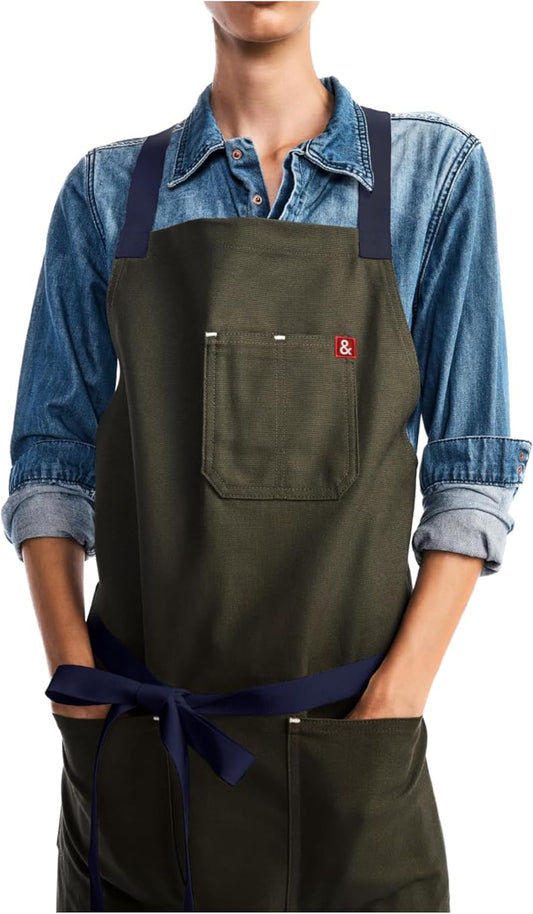 Hedley & Bennett, Crossback Apron - Crossback Chef Apron with Pockets - 100% Cotton Canvas, 8oz - Olive Green