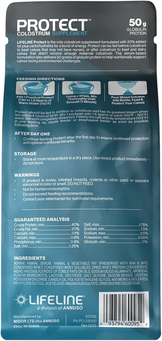 ANNUSO, LIFELINE Protect Colostrum Supplement for Calves, 1lb Bag - 50g Globulin Protein per Feeding - 20% Added Fat and Carbohydrates - Immune and Energy Support for Newborn Calves