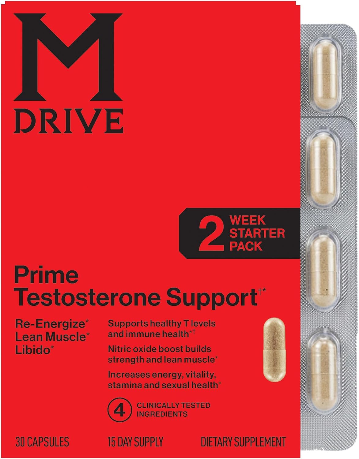 Mdrive, Prime - Men's T-Support Supplement, Max Energy, Focus & Lean Muscle, KSM-66 Ashwagandha, S7 Nitric Oxide Booster, Bioperine and DHEA,15 Servings, 30 Count