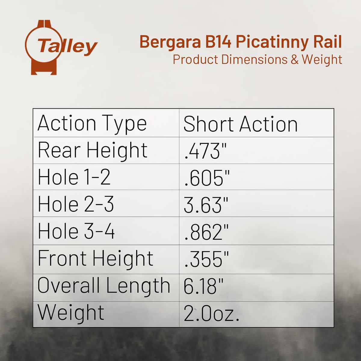 Talley Bergara, B14 Short Action Picatinny Rail Lightweight 7000 Series Aluminum Alloy Construction, Fully CNC-Machined, Hardcoat Anodized, Includes Mounting Hardware