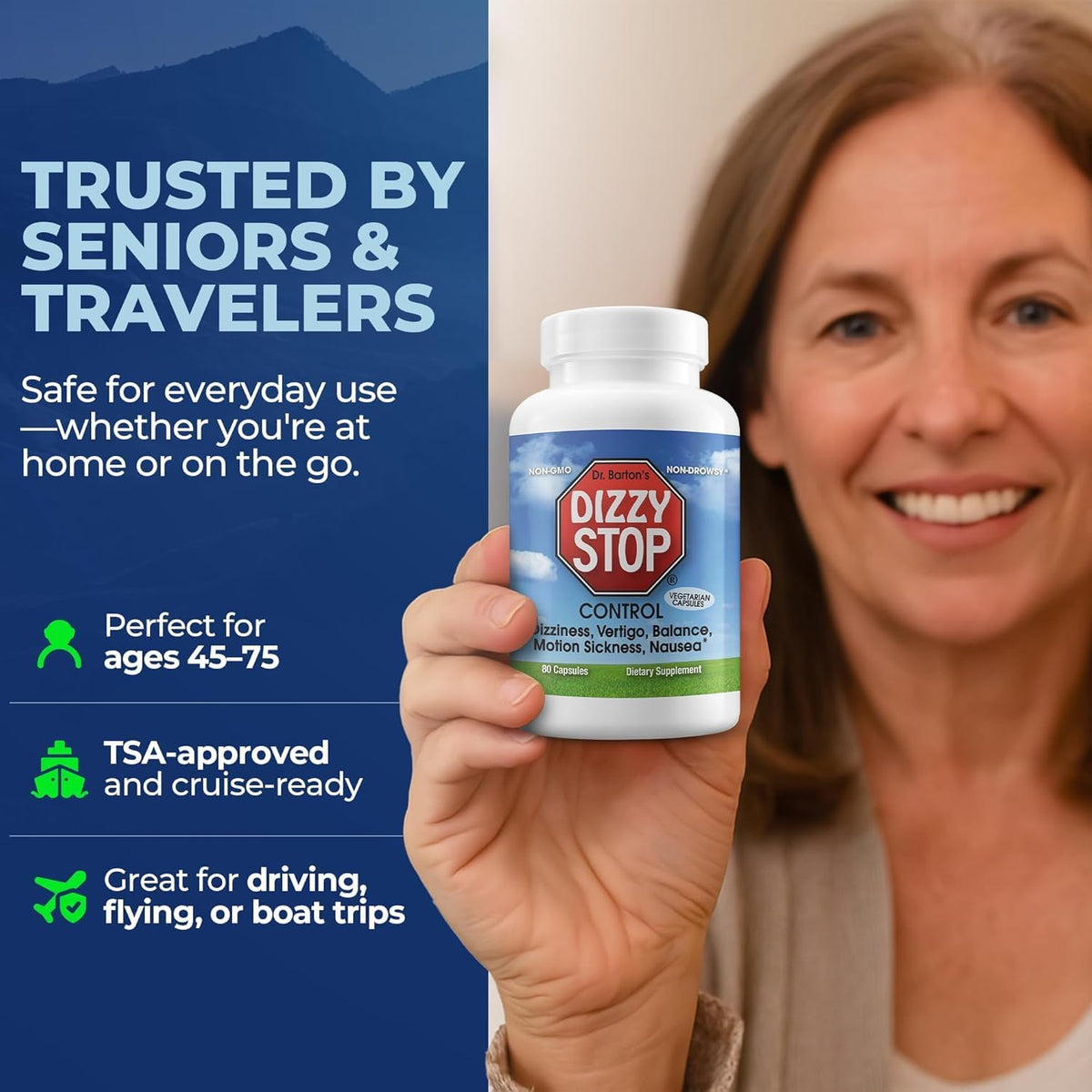 Dr. Barton's, Dizzy Stop  Vertigo Relief Products with Ginger and Grape Seed - Non-Drowsy Motion Sickness Pills for Dizziness Relief and Inner Ear Balance - 80 Count