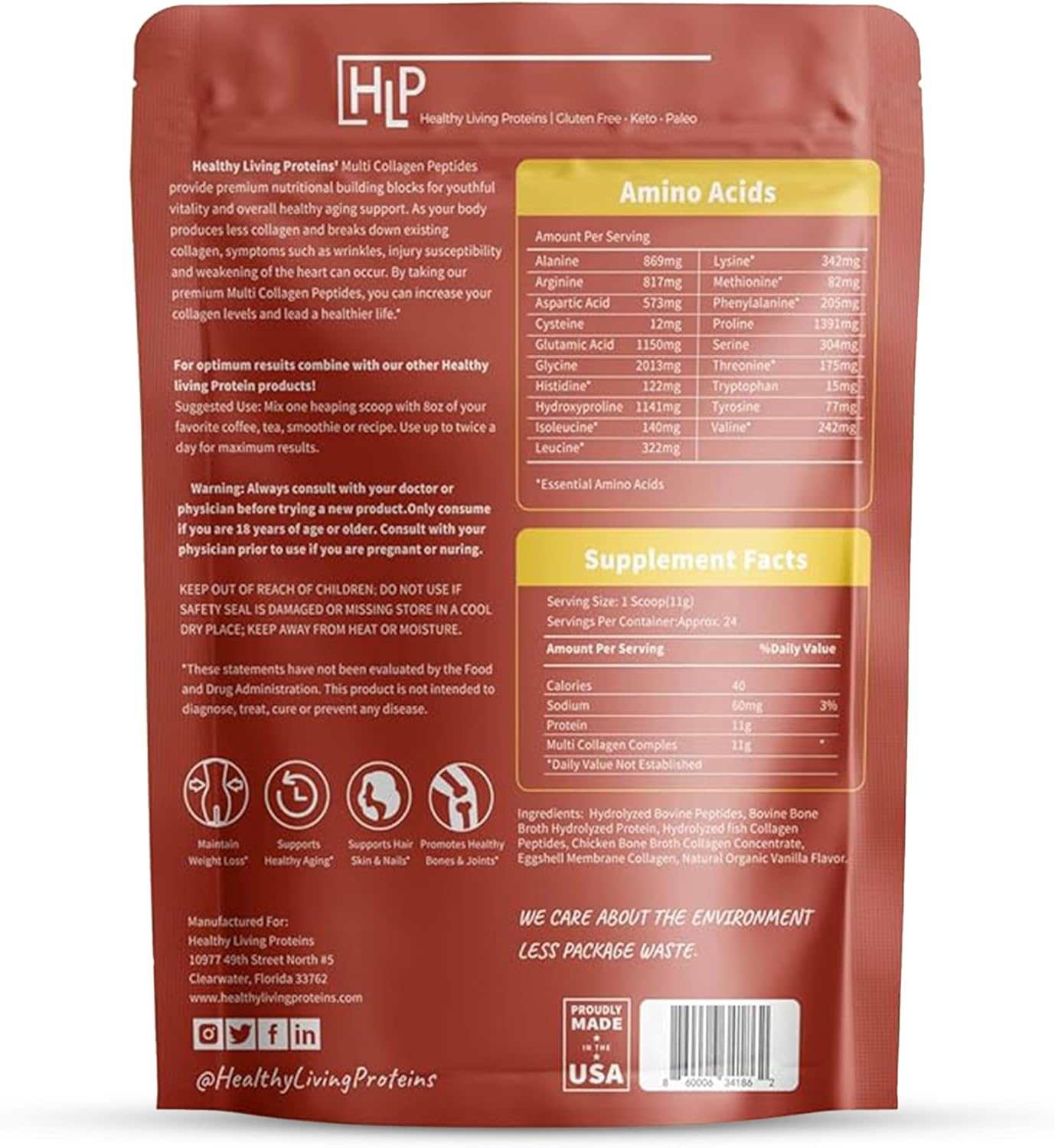 Healthy Living Proteins, Hydrolyzed Multi Collagen Peptides Powder Types I, II, III, V & X - Grass Fed Bovine, Wild Caught Marine, Free Range Chicken - Gluten Free (Vanilla, 16 oz)
