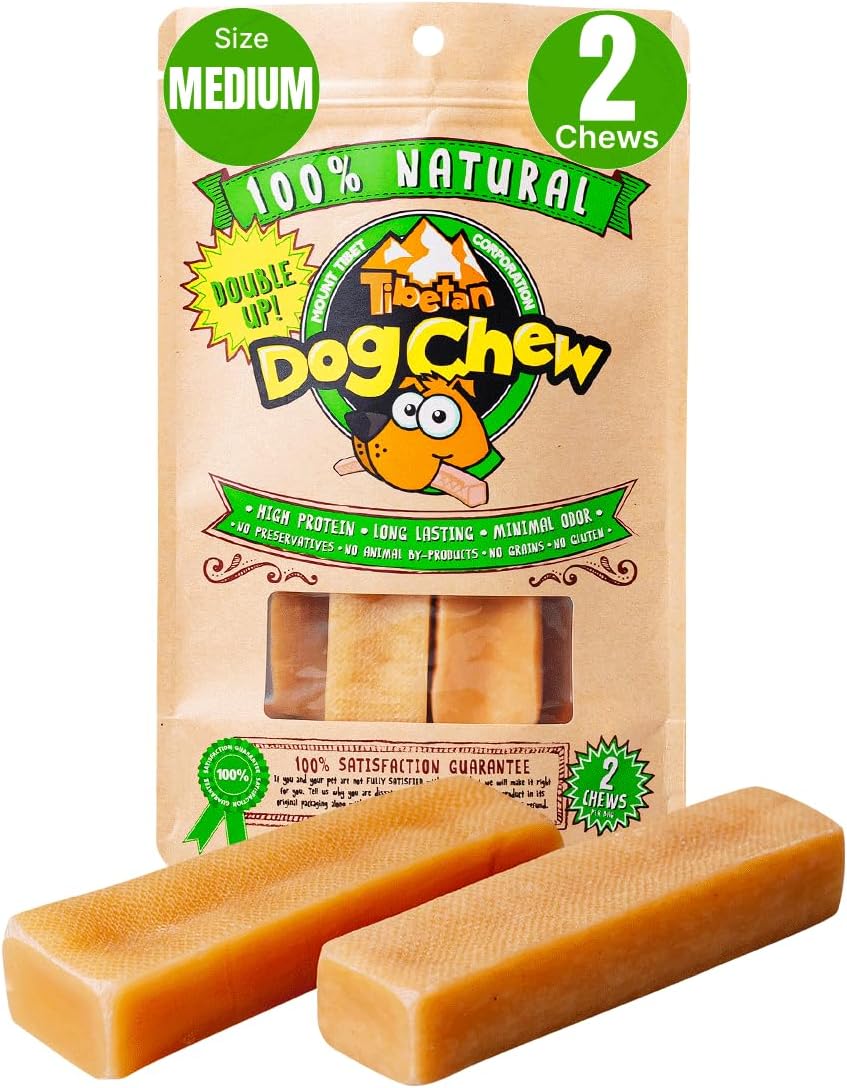 Tibetan Yak Cheese Dog Chew, Sticks (2 Medium Chews) - Natural, Handmade, Long-Lasting, Easy to Digest, Ideal for Medium Dogs and Aggressive Chewers, Rawhide, Grain and Gluten Free, Keeps Dogs Busy