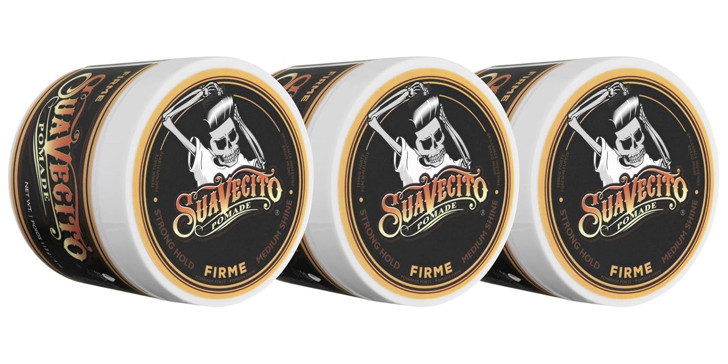 Suavecito, Pomade Firme (Strong) Hold 4 oz, 3 Pack - Strong Hold Hair Pomade For Men - Medium Shine Water Based Wax Like Flake Free Hair Gel - Easy To Wash Out - All Day Hold For All Hair Styles