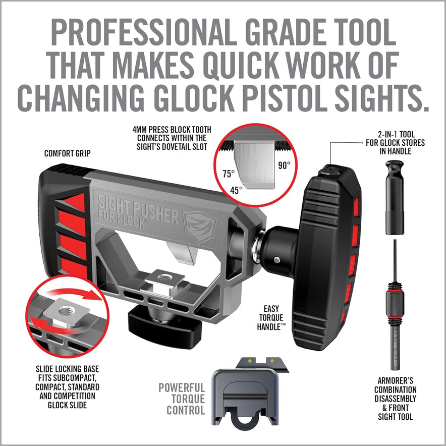 Real Avid, Universal Glock Sight Pusher | Front and Rear Sight Tool for Glock 19, 17, 43, 26, 22, 48 & More | Pistol Sight Pusher Tool for Adjusting Dovetail Sights on Most Glock Sight Styles