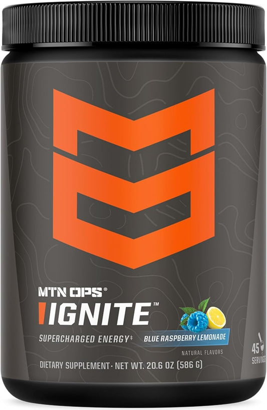 MTN OPS, Ignite Energy Drink Powder, Gluten Free Nootropic Supplement Drink Mix, L Arginine, L Citrulline, Caffeine & Nootropic Sugar Free Drink Mix, 45 Servings, Blue Raspberry Lemonade