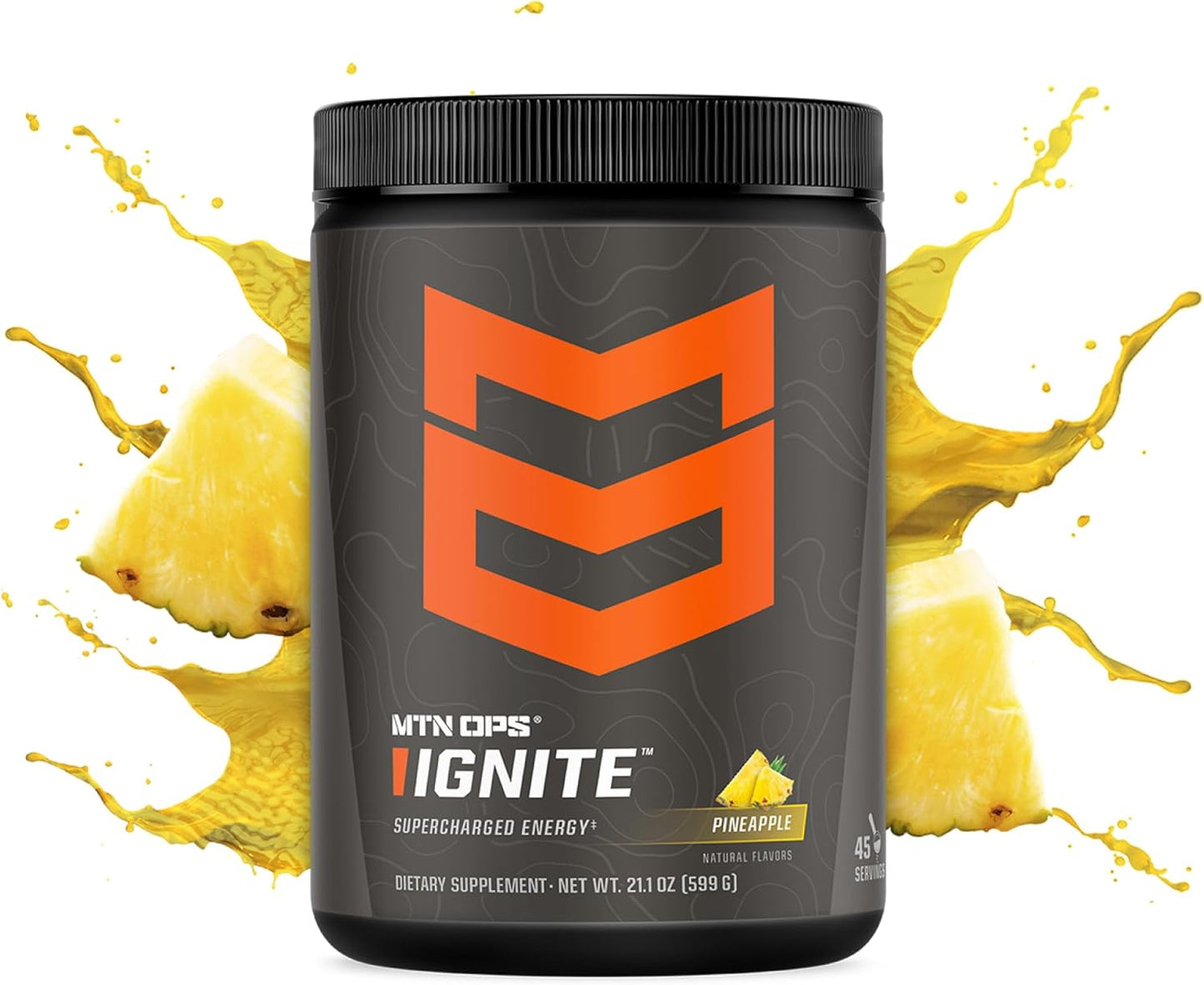 MTN OPS, Ignite Sugar Free Energy Drink Powder with 200mg Caffeine, Nootropic Blend for Energy, Focus & Endurance, L Arginine & L Citrulline Pre Workout, 45 Servings, Pineapple