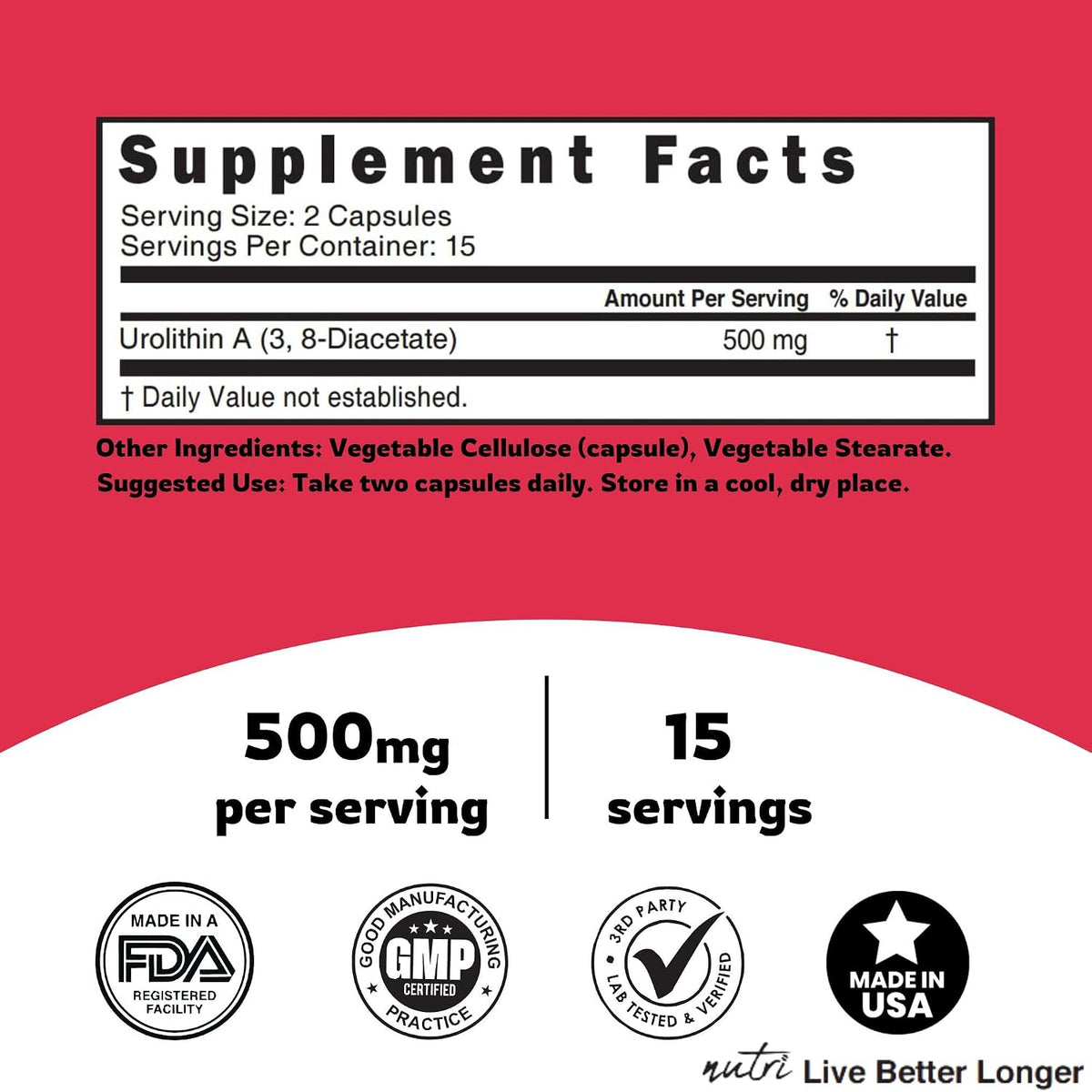 Nutri, Urolithin A Diacetate 500mg - Cellular Energy - 30 Caps