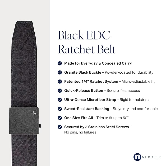 Nexbelt, EDC Tactical Ratchet Belt – 1.5" Black Nylon, Quick-Release, Adjustable for Appendix Carry, Fits Up to 50" Waist