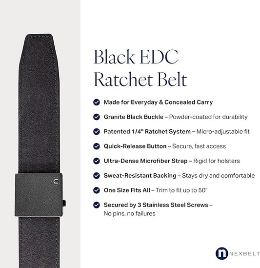 Nexbelt, EDC Tactical Ratchet Belt – 1.5" Black Nylon, Quick-Release, Adjustable for Appendix Carry, Fits Up to 50" Waist