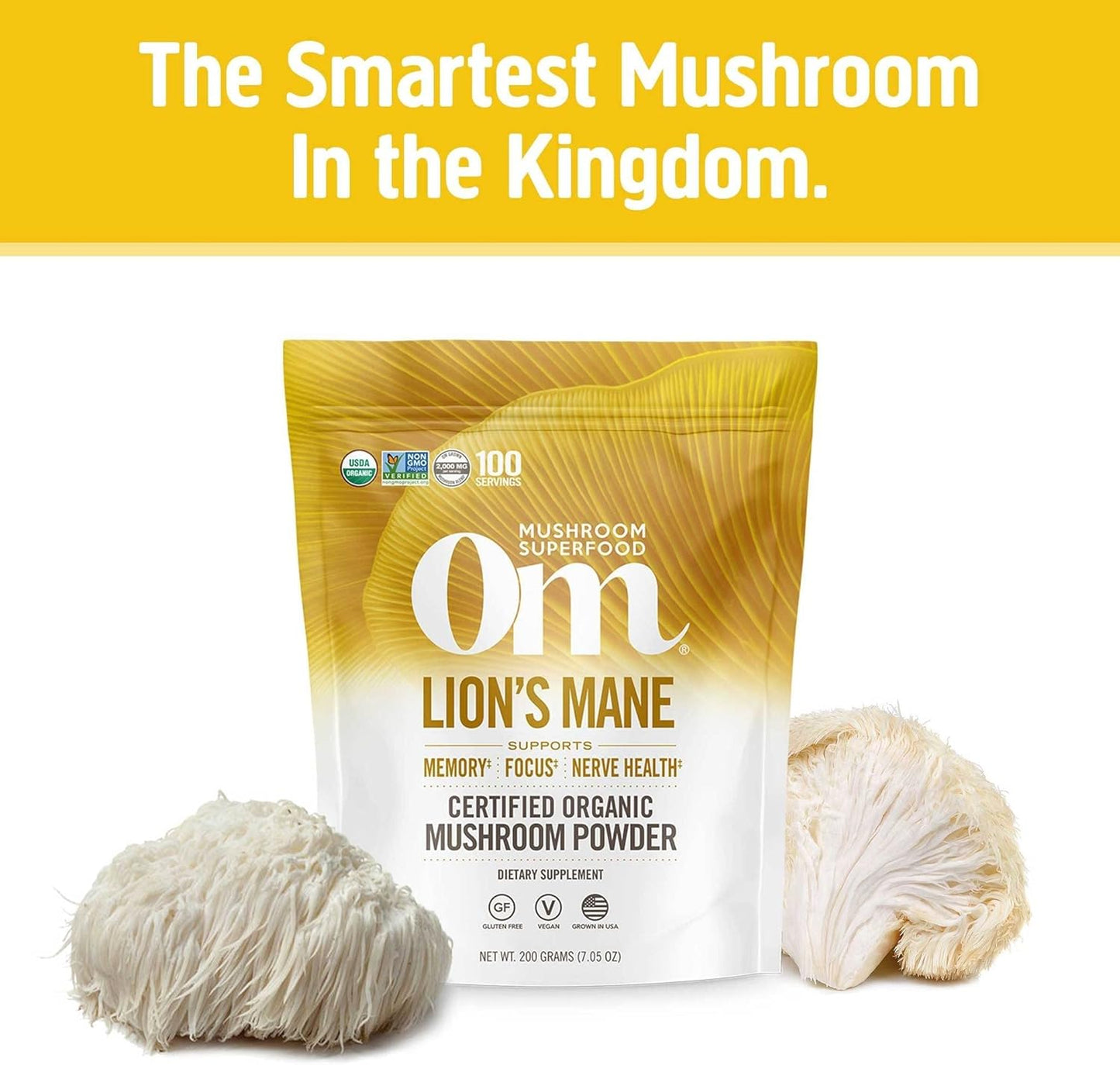 OM, Mushroom Superfood | Lion's Mane | USA Grown Organic Mushrooms | Memory, Focus, Clarity, Nerve Health & Mood Support | 7.05 oz, 100 Servings