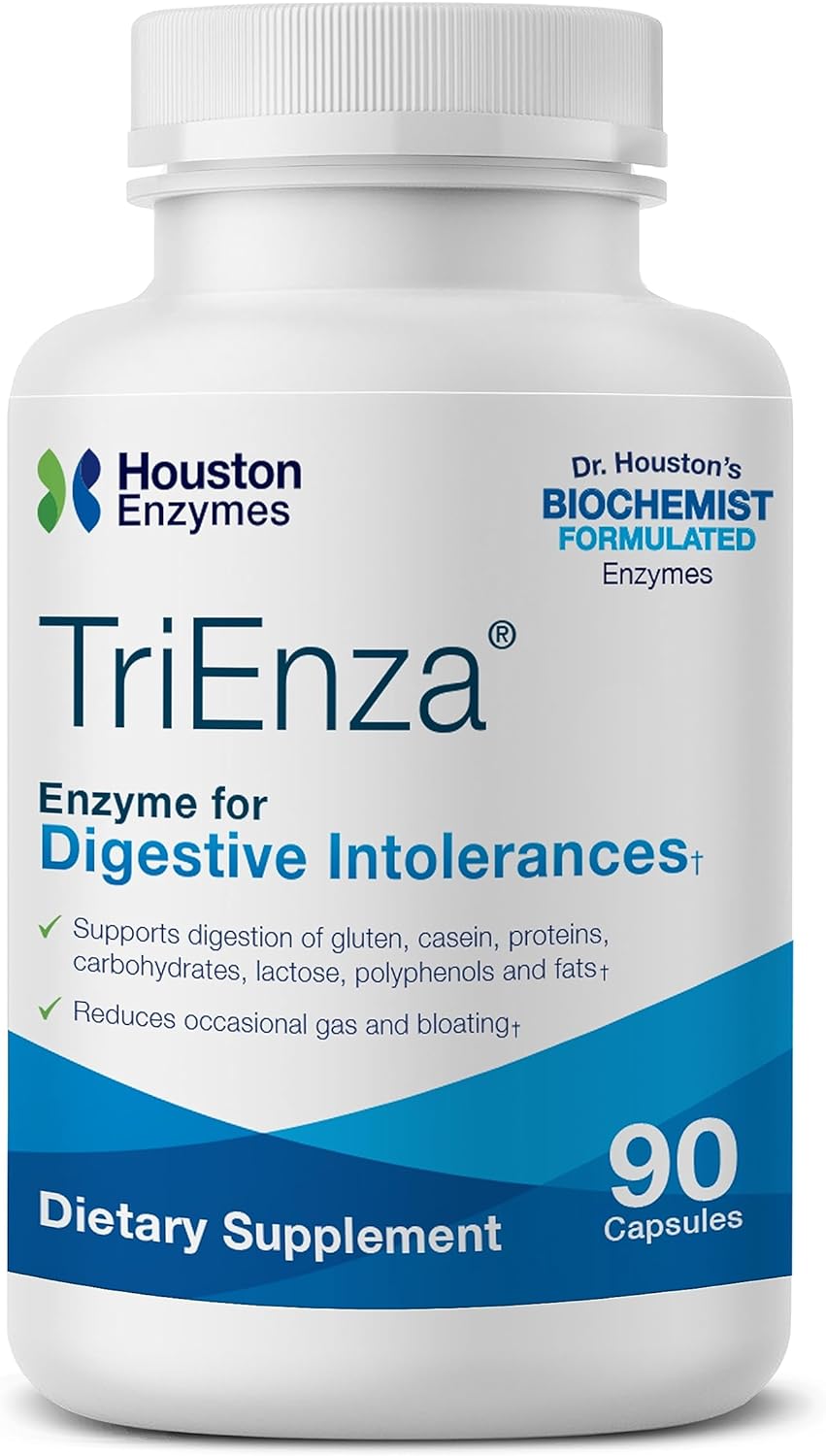 Houston Enzymes, TriEnza | Broad-Spectrum Enzymes for Digestive Intolerances | Supports Digestion of Gluten, Casein, Soy, Proteins, Carbohydrates, Sugars, Fats & Phenols (90 Capsules)