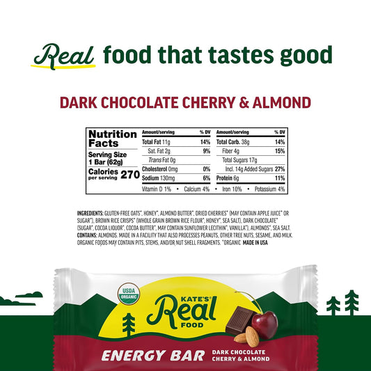 Kate’s, Real Food Organic Granola Bars - Dark Chocolate Cherry & Almond (2.2 oz, Pack of 12) - Organic Energy Bars Made with Gluten Free Oats - Non GMO, Soy Free, Whole Grains, and All Natural - Healthy Snacks