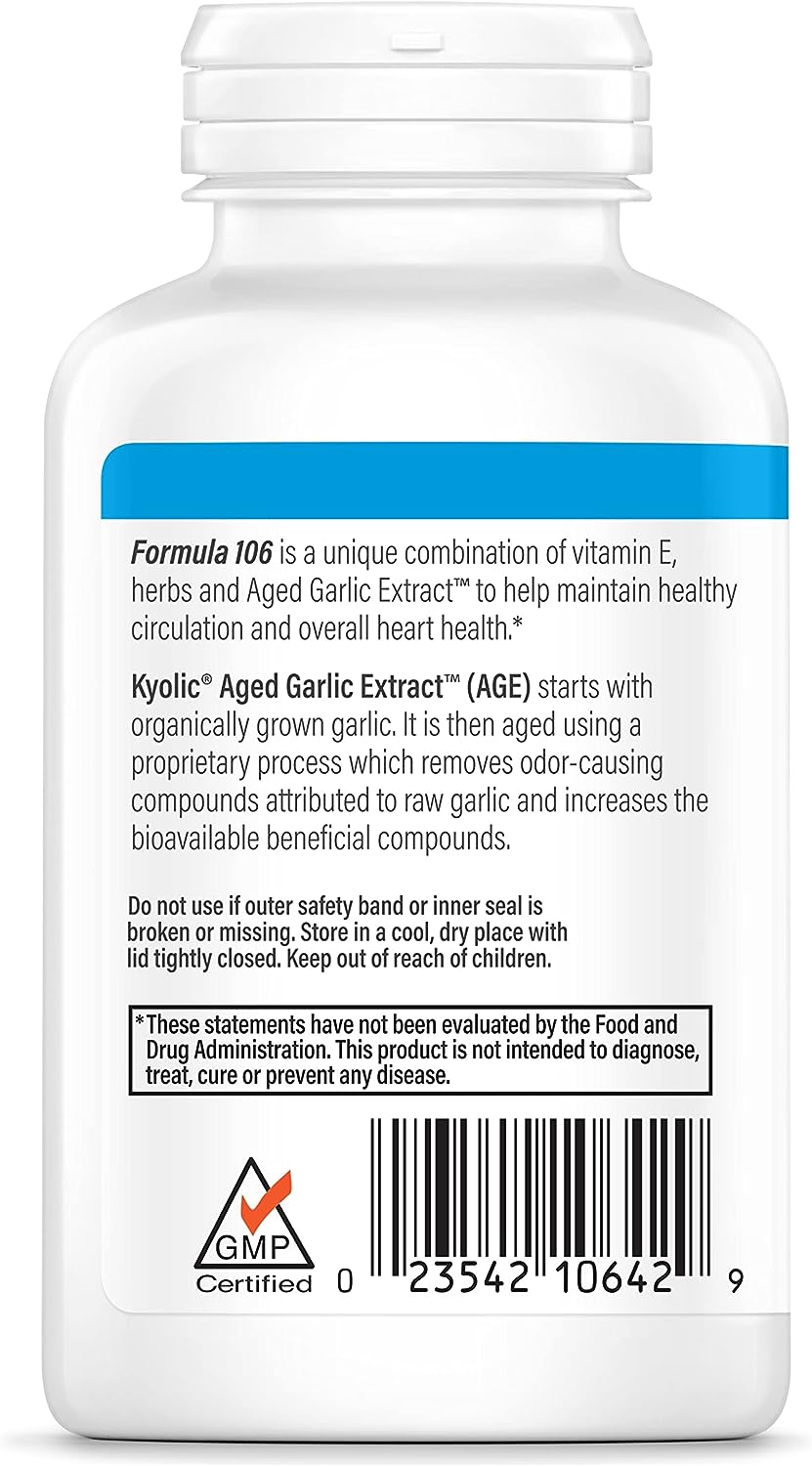Kyolic, Aged Garlic Extract Formula 106, Circulation Health, 200 Capsules (Packaging May Vary)