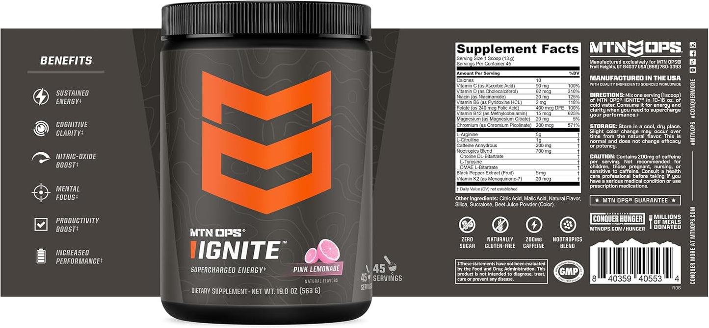 MTN OPS, Ignite Supercharged Energy Drink Mix 45-Serving Tub, Pink Lemonade