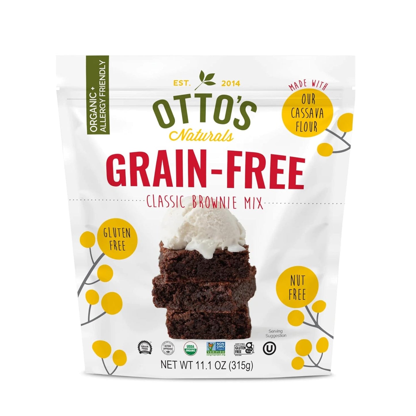 Otto's Naturals, Classic Brownie Mix - Organic, Gluten-Free, Nut Free, Non-GMO Verified, Made with Organic Cassava Flour - 11.1 Ounce Bag (Grain Free Classic Brownie Single)