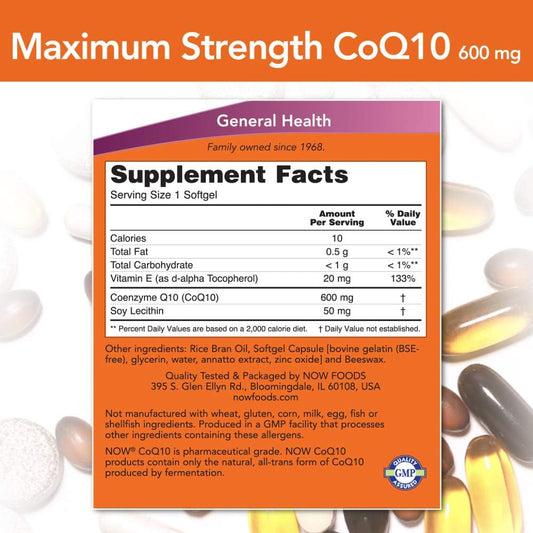 NOW Foods Supplements, CoQ10 600 mg, Maximum Strength with Vitamin E & Lecithin, 60 Softgels