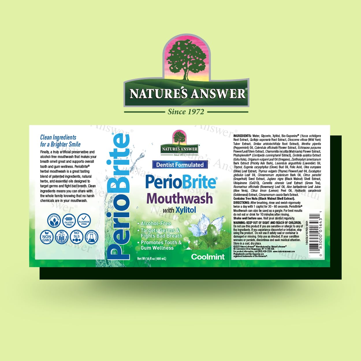 Nature's Answer, Periobrite Cool Mint All-Natural Mouthwash | Promotes Healthy Teeth & Gums | Fights Bad Breath | Fluoride-Free, Alcohol-Free & Gluten-Free | No Artificial Preservatives 16oz (2 Pack)
