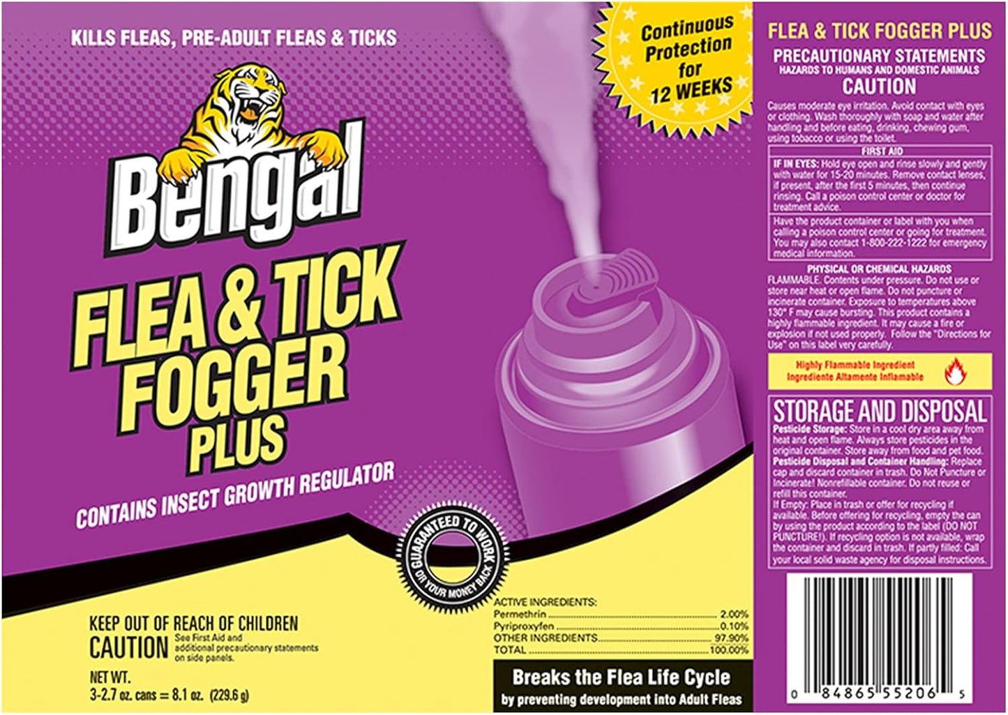 Bengal, Flea and Tick Fogger Plus – 3 Pk Odorless Spray Treatment for Home Infestations – 12 Week Insect Killer, 3x2.7 oz