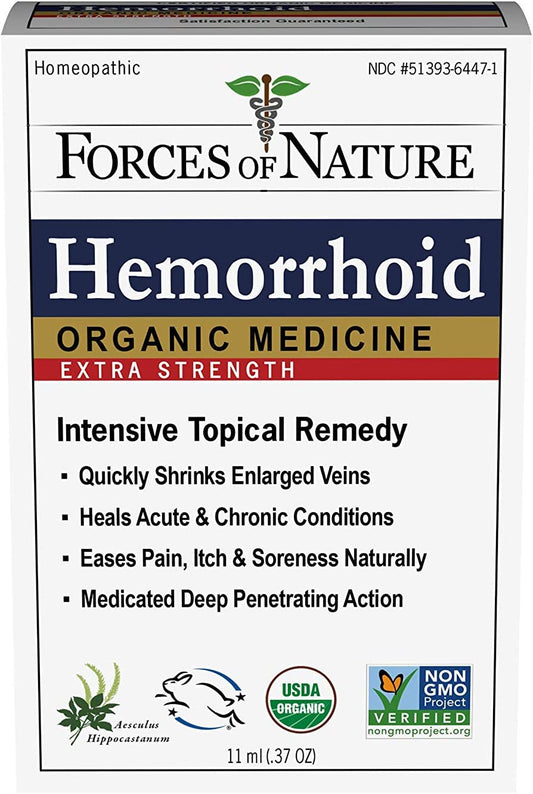 Forces of Nature –Natural, Organic, Hemorrhoid Extra Strength Relief (11ml) Non GMO, No Harmful Chemicals -Quickly Shrink Enlarged Veins, Ease Pain, Soreness, Itching Associated with Hemorrhoids