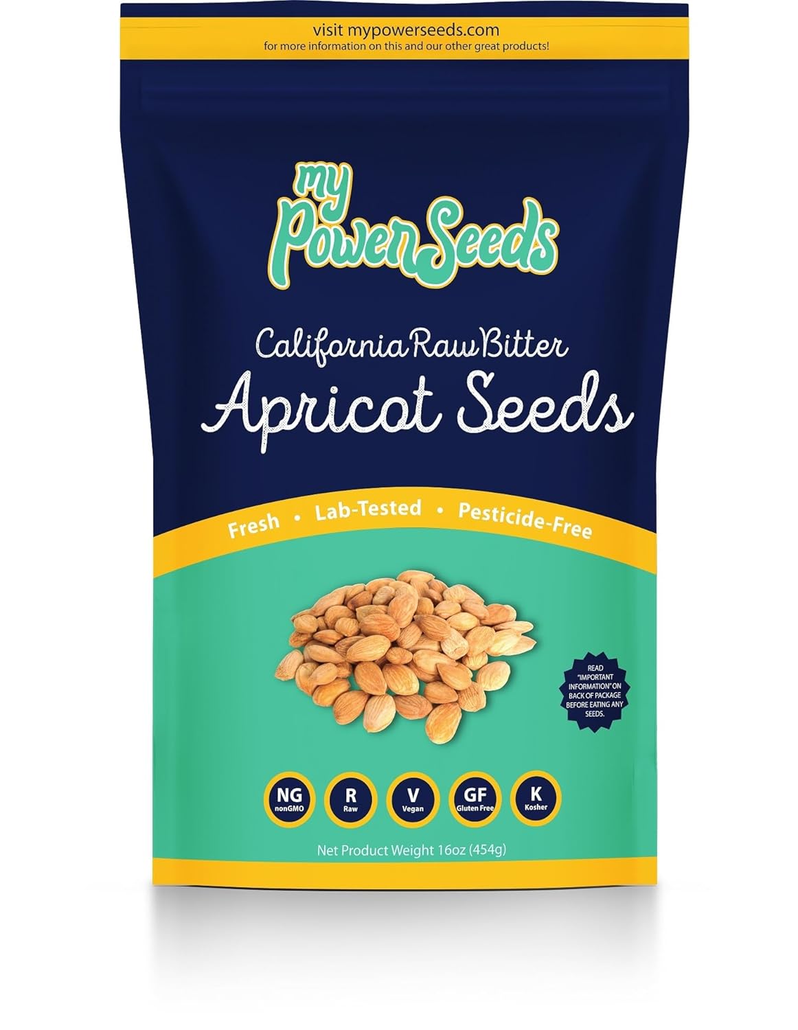 My Power Seeds, Certified Seeds (1 pound bag) | Natural Source of Vitamins & Minerals - Raw - 100% Non GMO, Vegan, Gluten Free (Apricot Seeds)