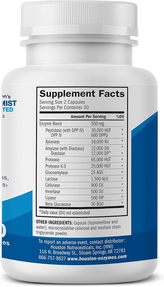 Houston Enzymes, TriEnza,  60 Capsules – Broad-Spectrum Enzymes for Digestive Intolerances – Supports Digestion of Food Proteins, Carbs, & Phenols