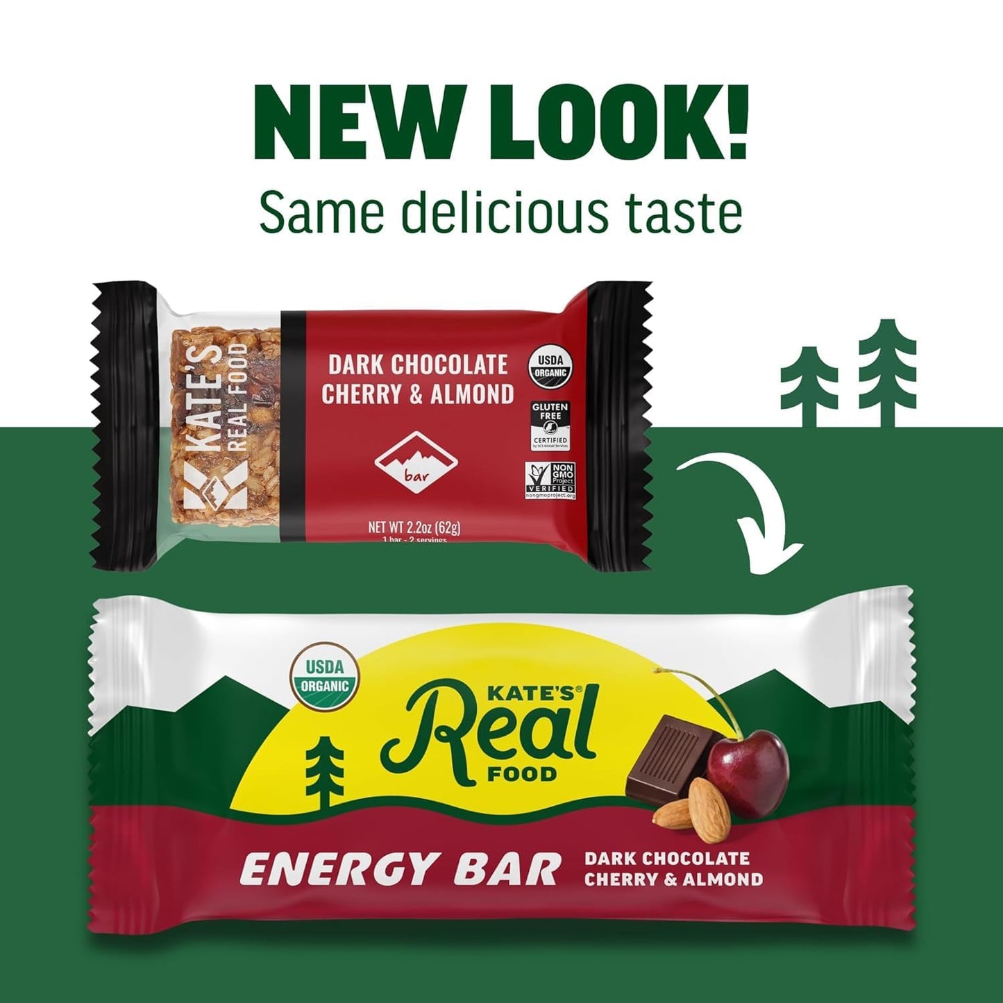 Kate’s, Real Food Organic Granola Bars - Dark Chocolate Cherry & Almond (2.2 oz, Pack of 12) - Organic Energy Bars Made with Gluten Free Oats - Non GMO, Soy Free, Whole Grains, and All Natural - Healthy Snacks