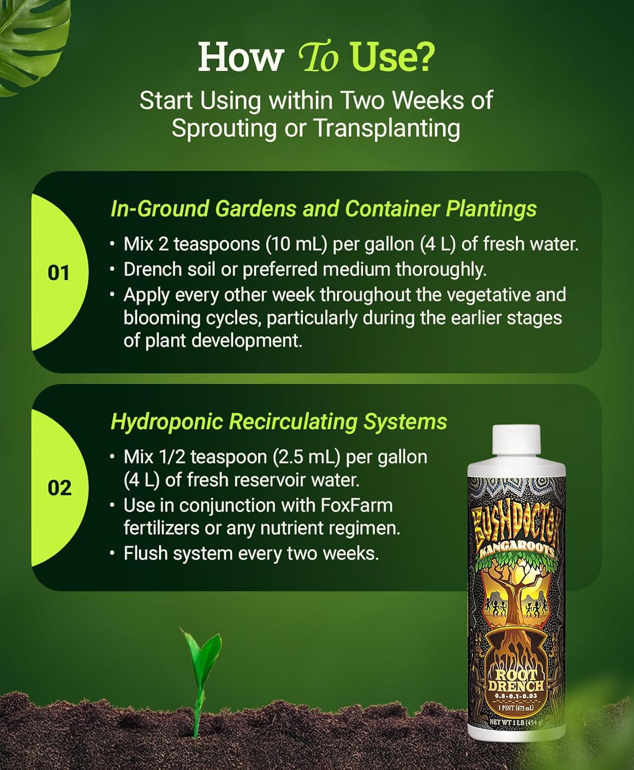 Foxfarm, Bushdoctor Kangaroots Liquid Root Drench - Root Inoculant to Develop Root Mass, Full of Microbes and Nutrients Formula for Hydroponic & Soil Application - NPK 0.8-0.1-0.03 (Pint)