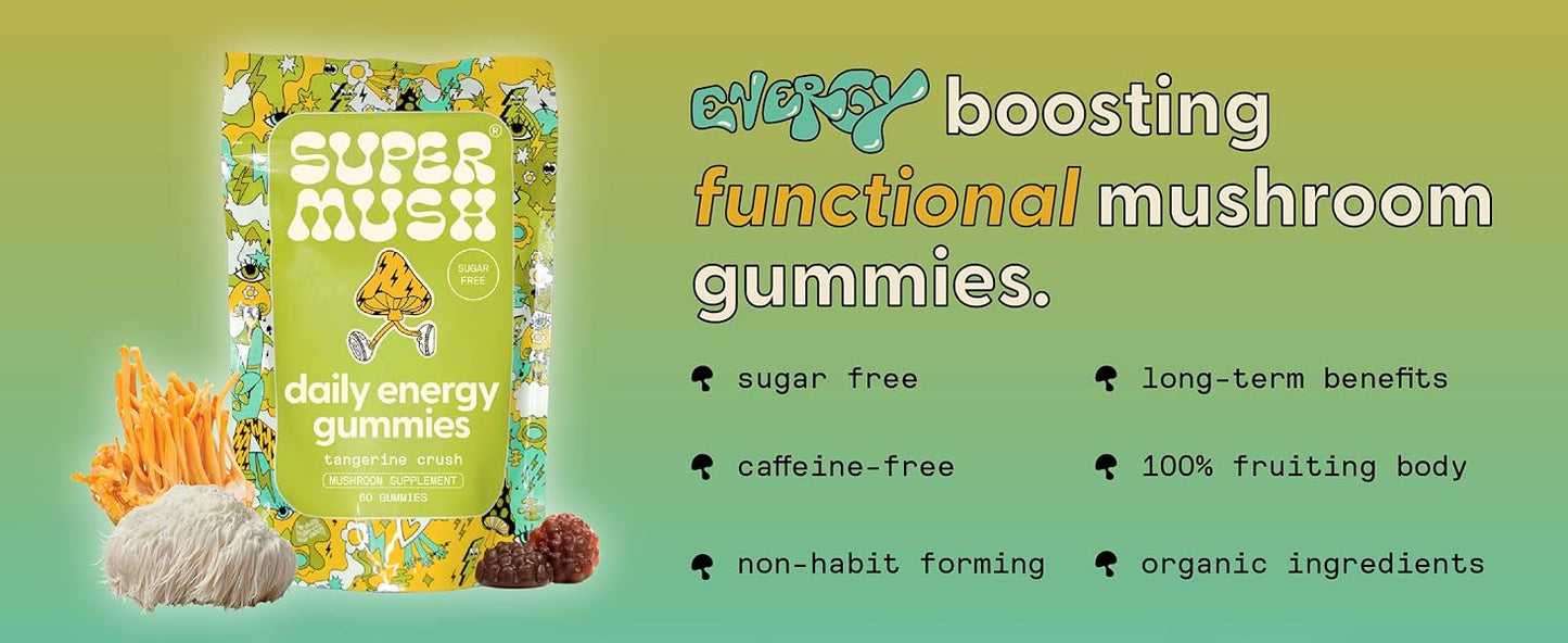 SuperMush, Energy Mushroom Gummies - Organic Lions Mane Supplement with Cordyceps, Rhodiola, L-Theanine, Maca - Vegan & Sugar-Free - Energy, Focus, Stamina, Stress Reduction - 60 Gummies (30 Servings)