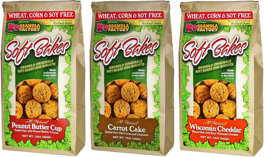 K9 Granola Factory, 3 Flavor Soft Bakes Dog Treat Variety Pack, 12 Ounces Each of Peanut Butter Cup & Carrot Cake & Wisconsin Cheddar