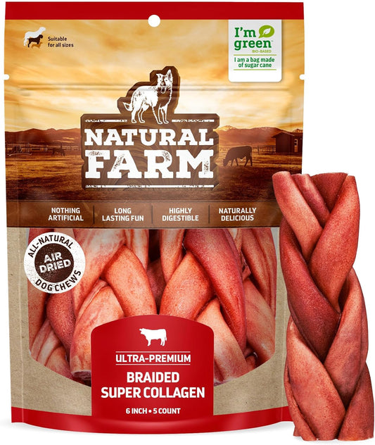 Natural Farm, Odor-Free Super Braided Collagen Dog Chews (6-Inch, 5-Pack) First Ever Real Bull Sticks Alternative, 100% Natural Angus Hide Collagen Treats- More Protein More Chew Time for All Dogs