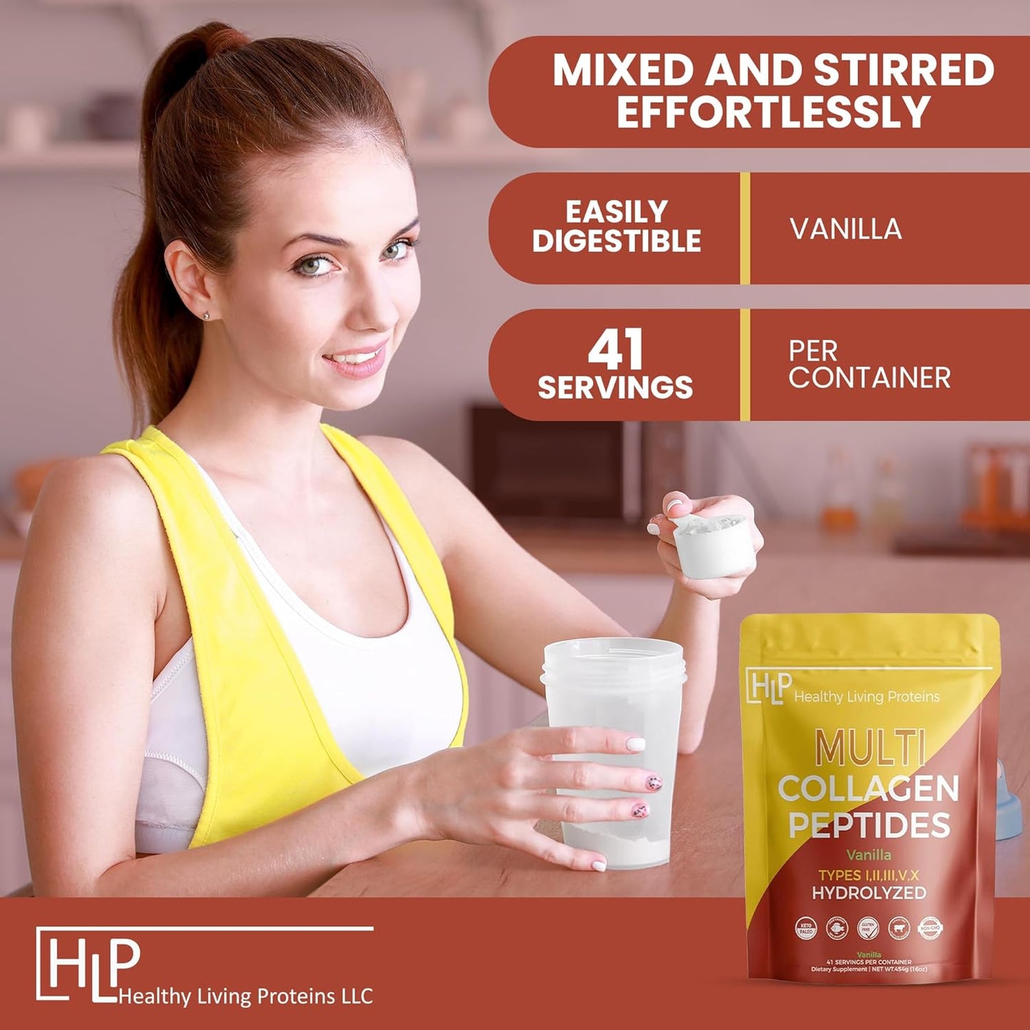 Healthy Living Proteins, Hydrolyzed Multi Collagen Peptides Powder Types I, II, III, V & X - Grass Fed Bovine, Wild Caught Marine, Free Range Chicken - Gluten Free (Vanilla, 16 oz)
