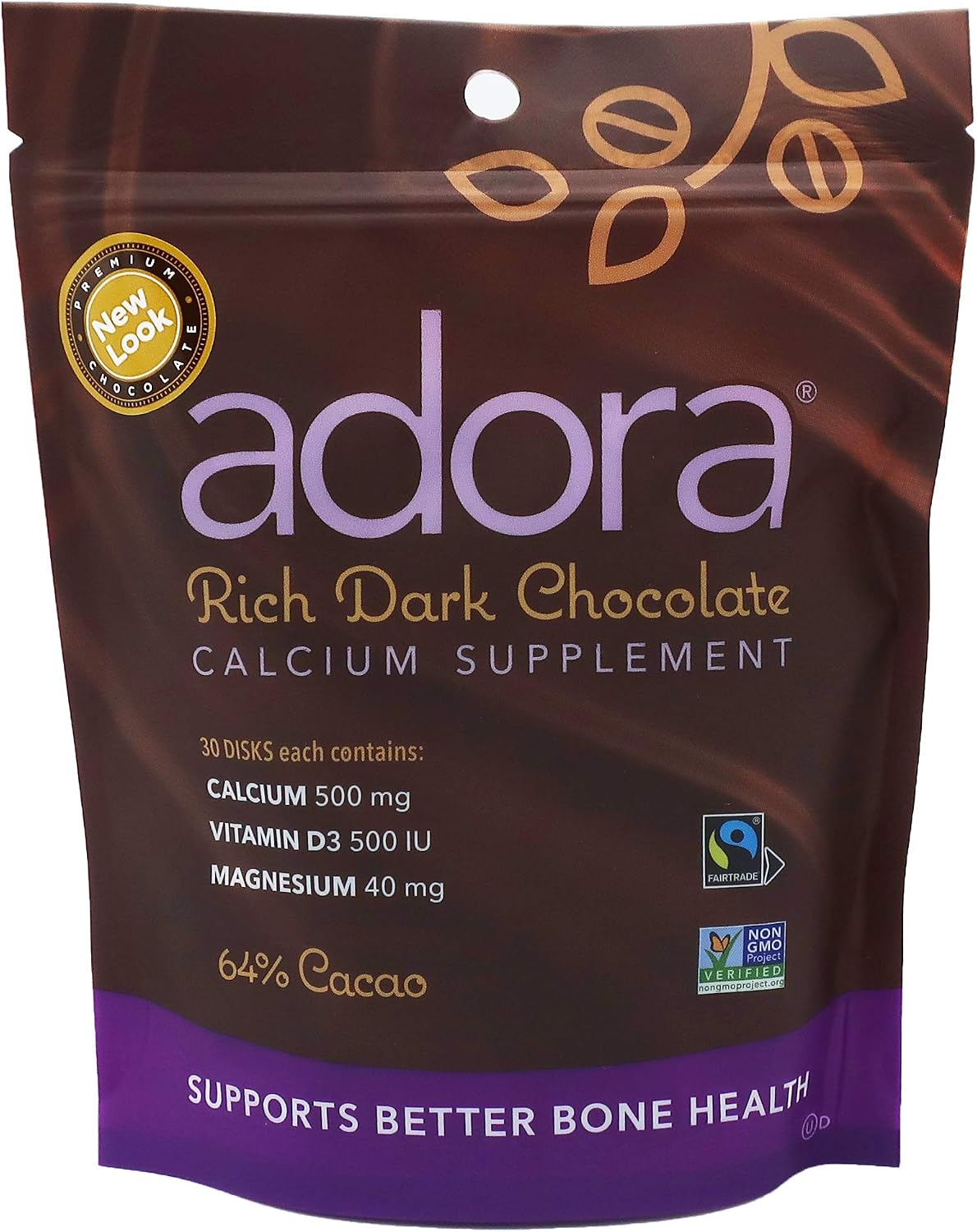 Adora, Calcium Supplement, Fairtrade Dark Chocolate, Single Pack - 30 ct