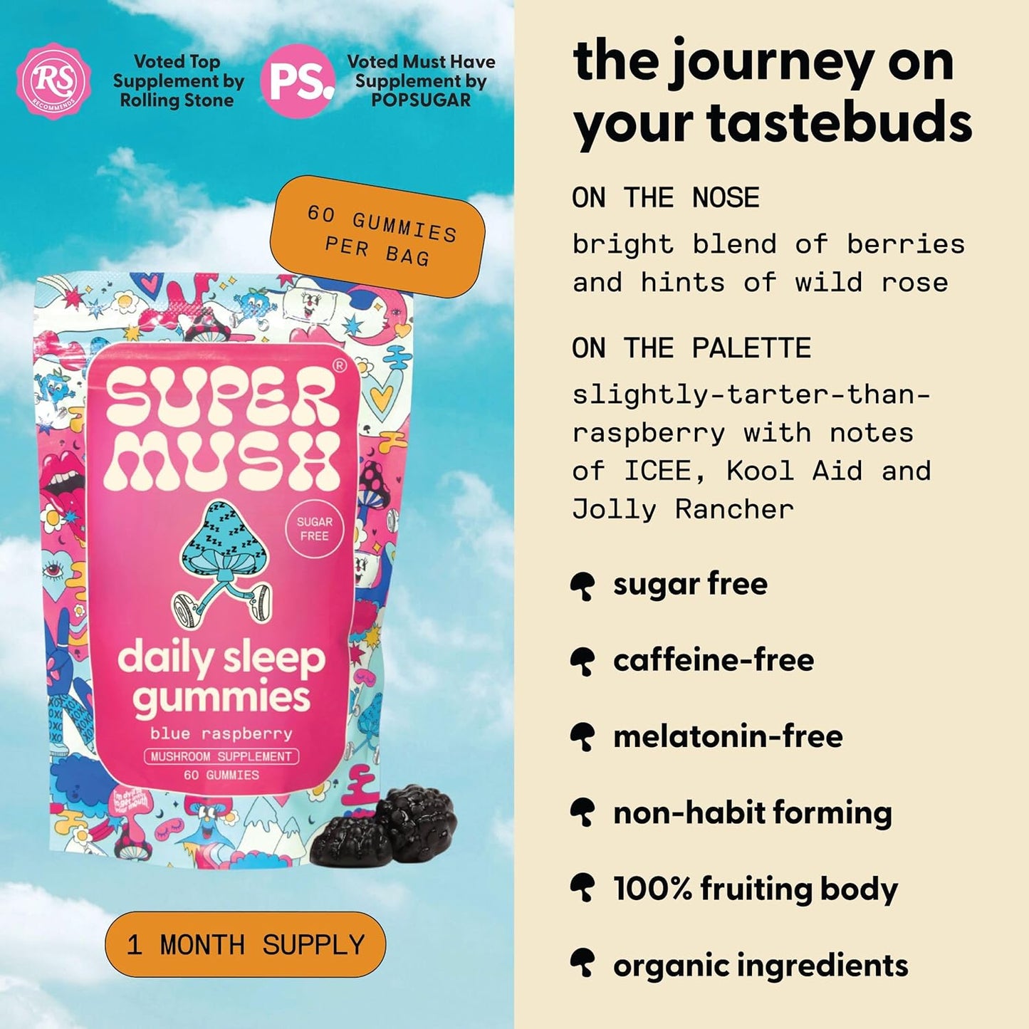 SuperMush, Sleep Gummies for Adults - Mushroom Supplement with Magnesium Citrate, L-Theanine, Chaga, Reishi & Chamomile for Deep Sleep, REM & Detox - Vegan & Sugar-Free - 60 Gummies (30 Servings)
