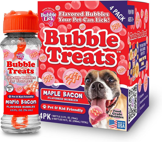 BubbleLick, Bubble Treats Maple Bacon Pet Bubbles (2.5 Fl Oz, 4-Pack), Lickable Bubbles for Pets - Natural Bacon Flavor, Great for Bubble Toys & Blasters, Refillable Bubble Solution