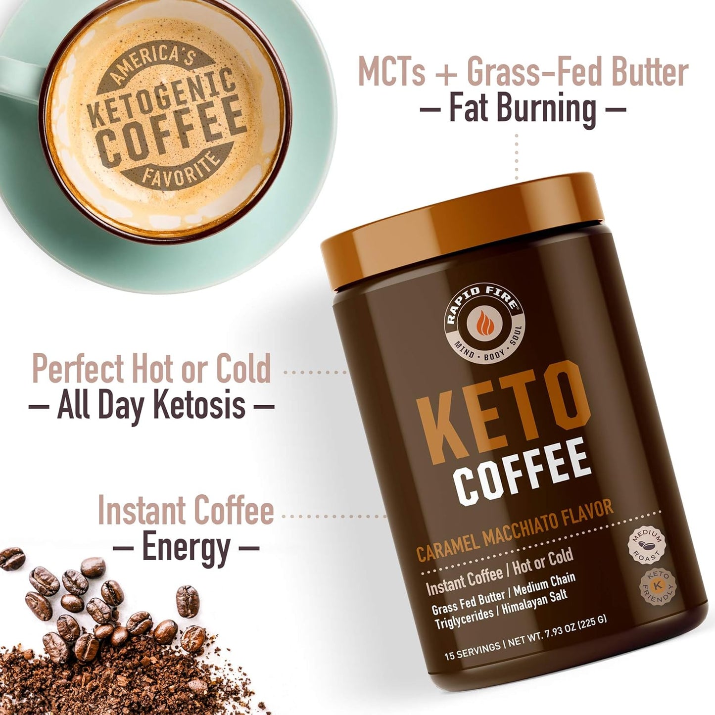 Rapidfire, Keto Coffee Instant Coffee Mix, Caramel Macchiato Flavor, 7.93 Ounce (255g), 15 Servings